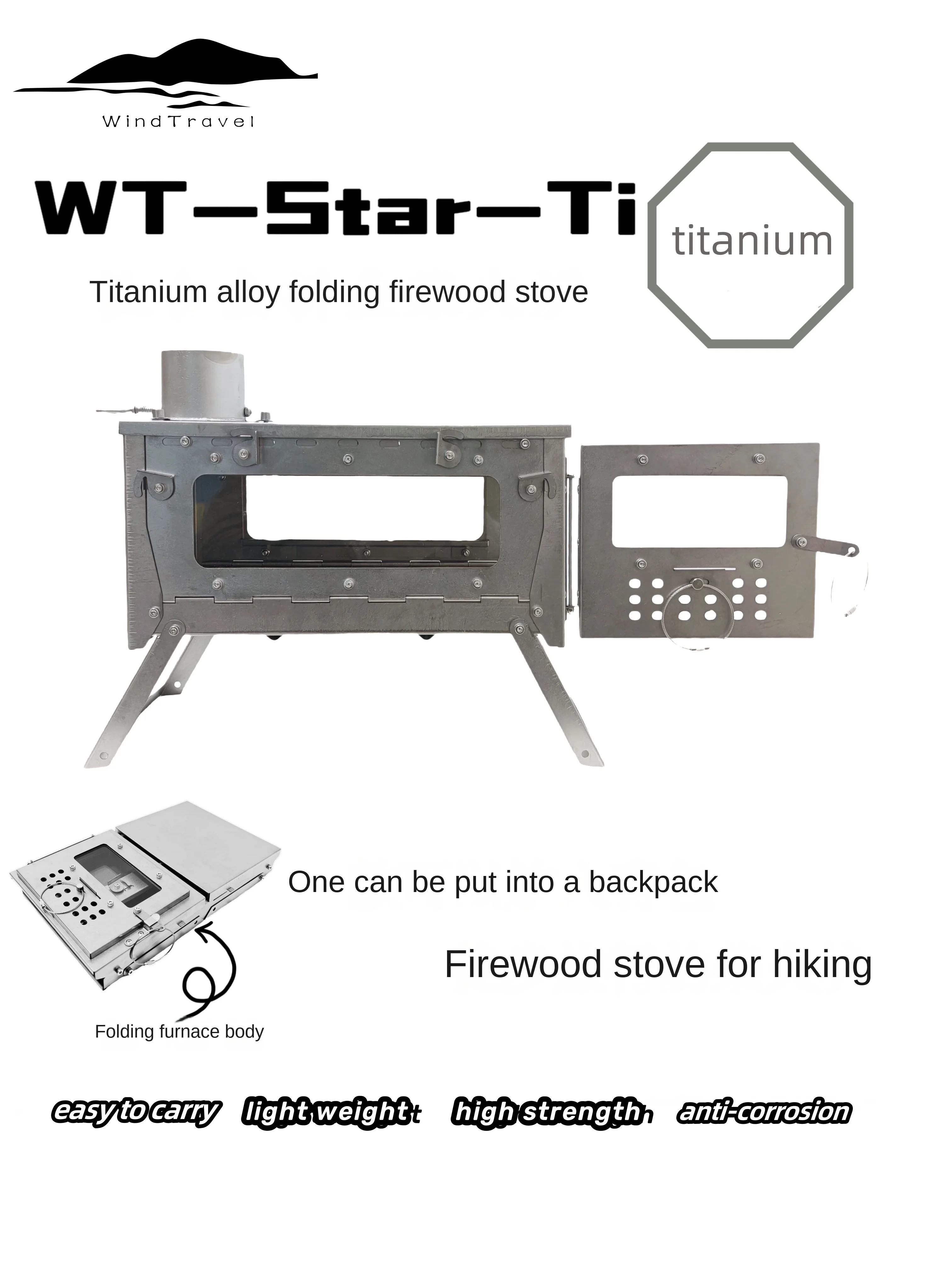 Outdoor Camping Gas Heater - WT Star Ti Titaniumlegering Opvouwbare brandhoutkachel